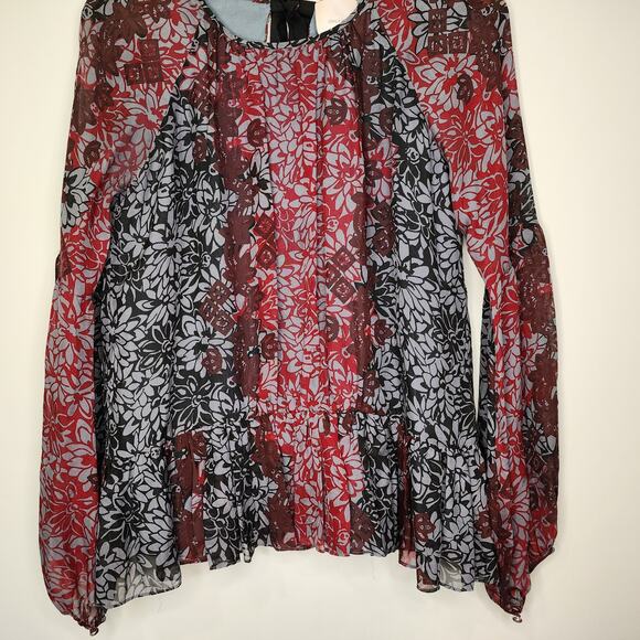 Cinq a Sept Silk Floral Tie Back Peplum Blouse Red Black S - Picture 5 of 9